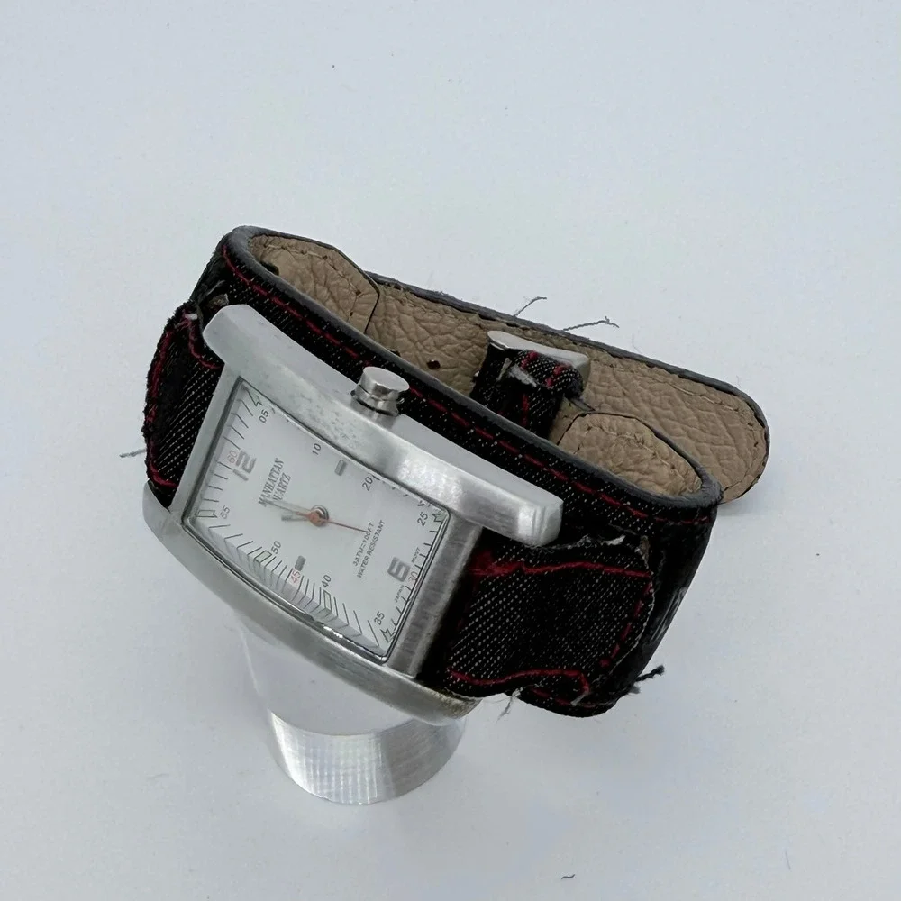 Croton Manhattan Mens Quartz Stainless Steel Black Denim Cuff Watch White Dial